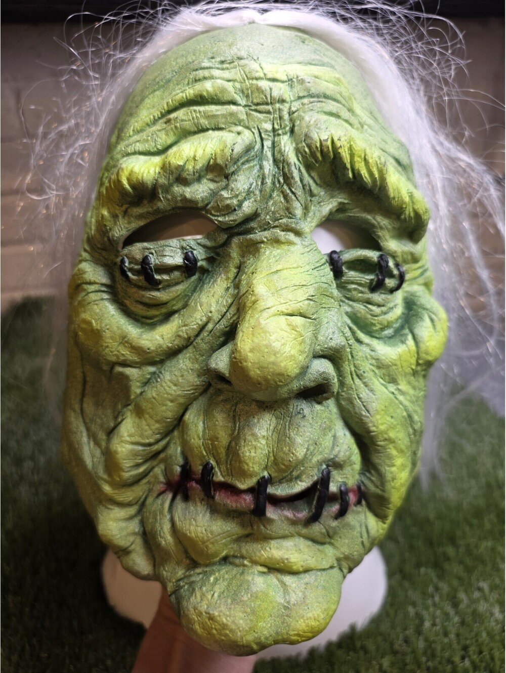 Scary Green Witch Latex Mask with White Hair - Horror Halloween Cosplay Hag Prop